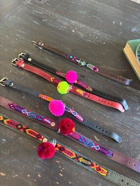 Red Beaded Leather Dog Collar with Pom Pom Accent